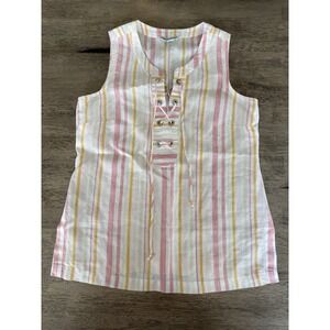 Tommy Bahama Tank Top Women's Small Pink Multicolor Striped Lace Up Linen Top